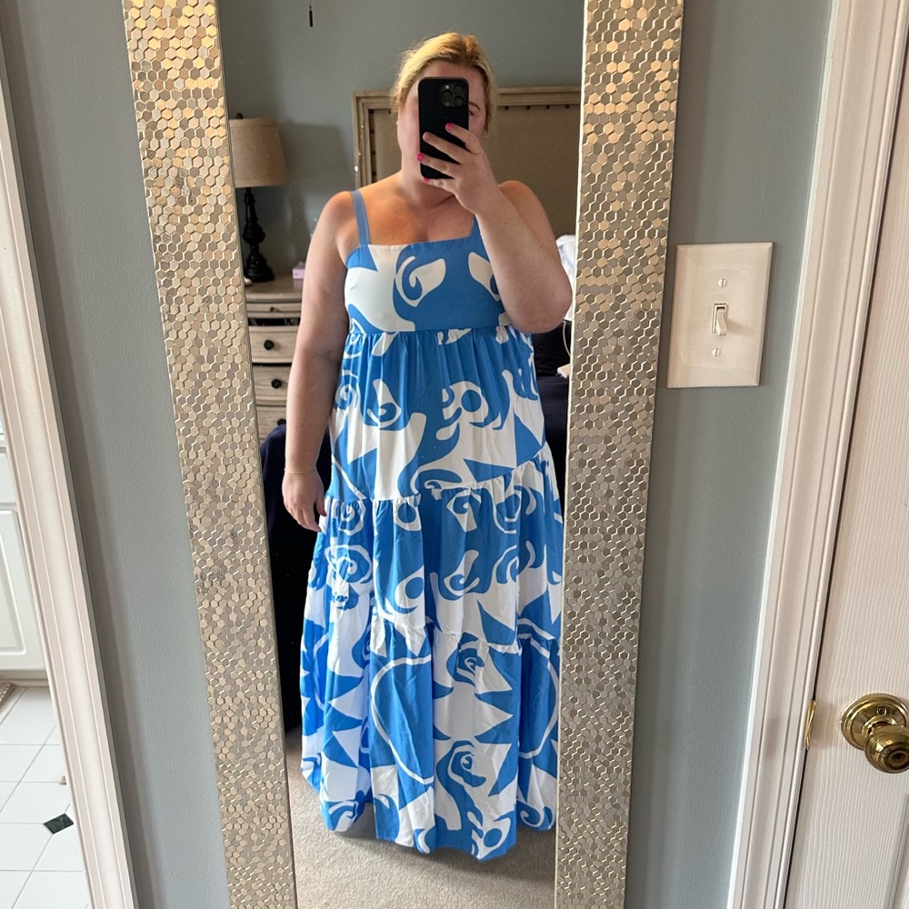 Blue & white abstract casual maxi dress
